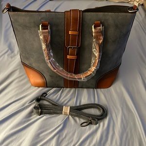 Blue & Brown Stitch-Trim Buckle-Strap Tote